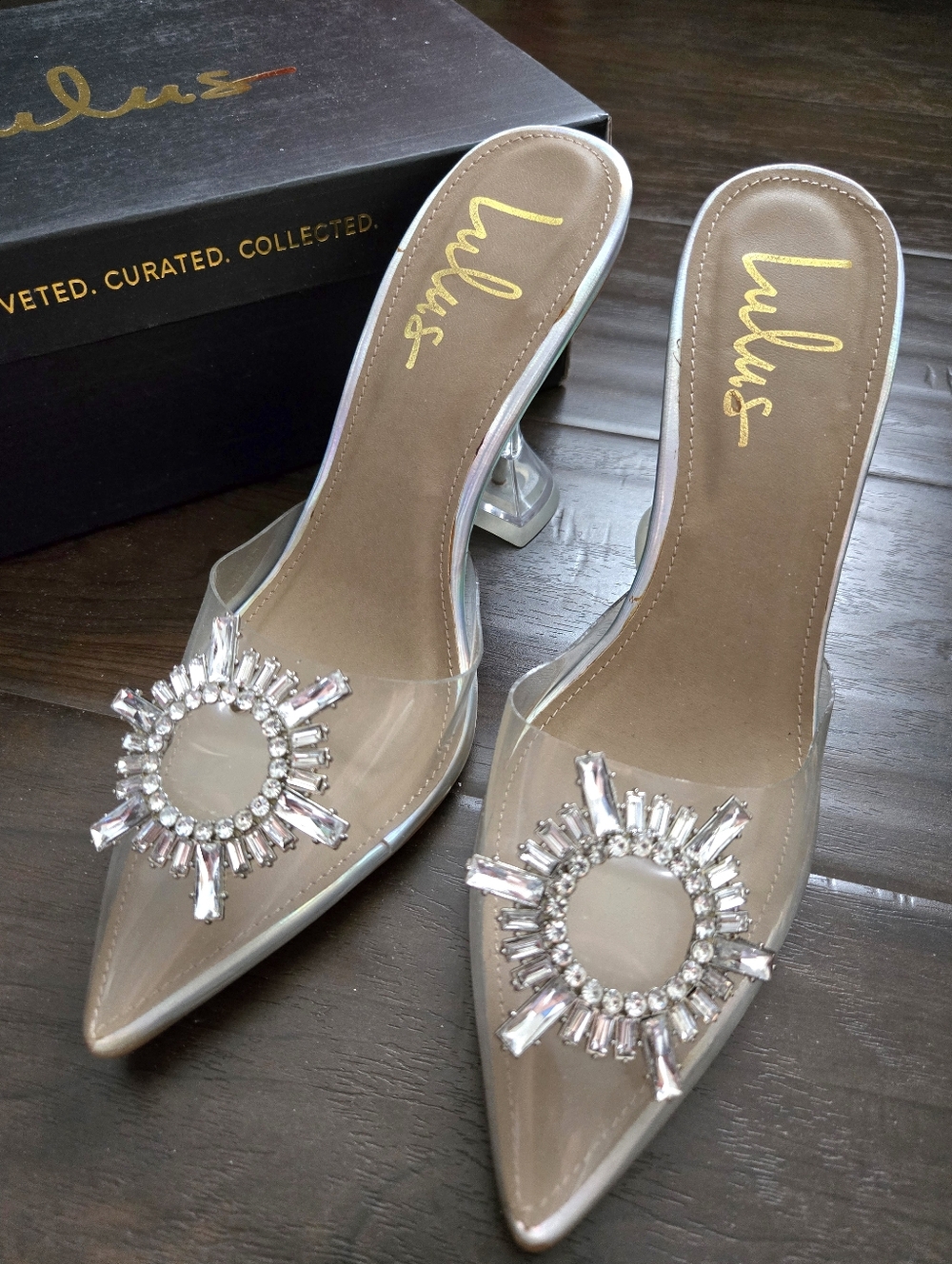 NEW In Box LULUS Midnight Light Silver Pointed-Toe Heels Clear Rhinestone Em 7.5